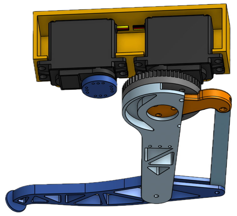 CAD render of a single leg assembly: two servo motors in a yellow housing driving a large grey gear, with the blue upper and lower leg segments and an orange linkage rod below.