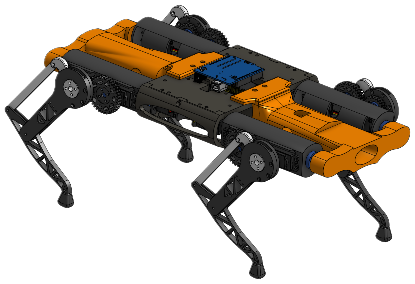 CAD render of PolyDog v1 in orange and black, standing on four legs, with the blue Arduino board sitting exposed on top of the chassis.