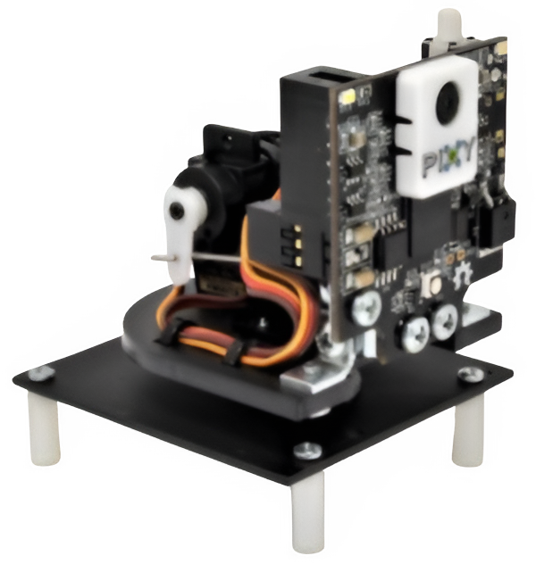 A Pixy2 vision camera module mounted on a small black stand with a pan-tilt servo underneath.