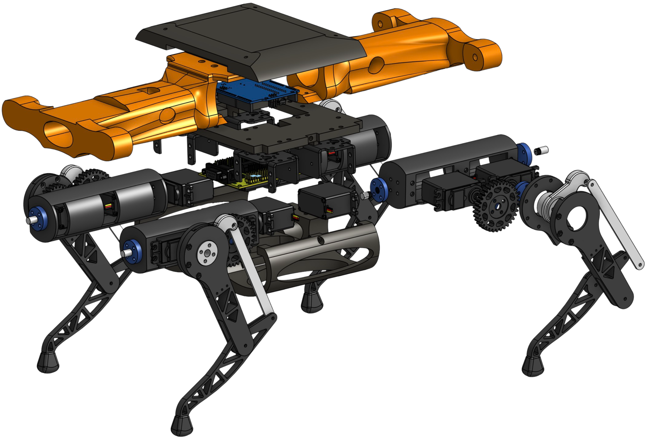 Exploded CAD render of the robot dog: a black chassis plate with the control boards mounted on top, orange shell panels lifted away above it, and the four black legs with their motors and gears below.