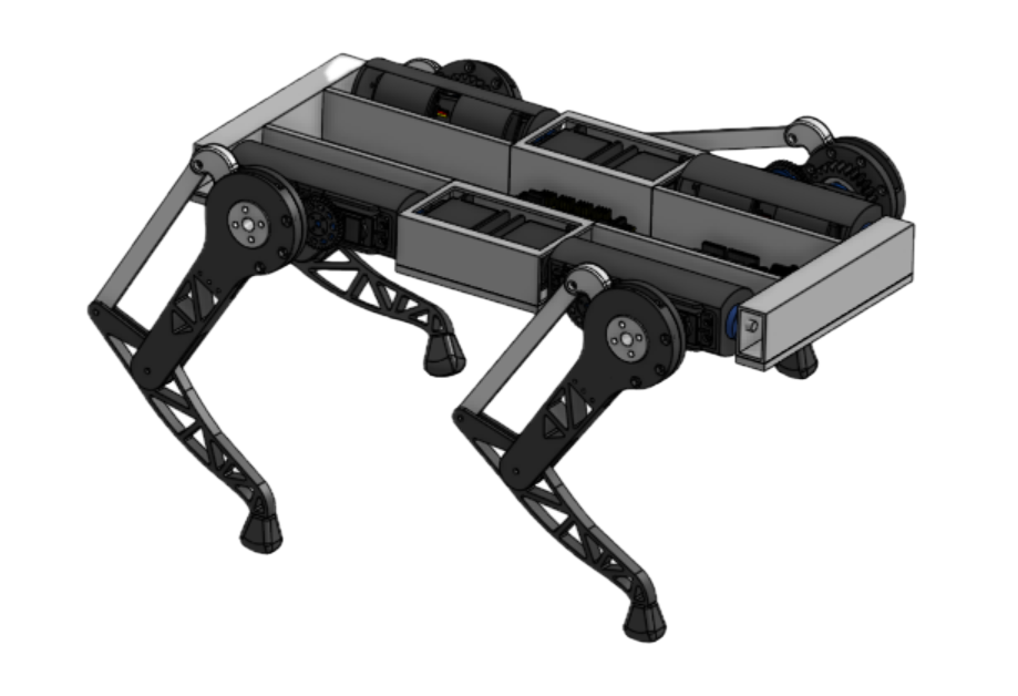 Grey CAD render of the next revision: a boxy aluminium-framed body with open compartments for the electronics, on the same four-legged geometry.