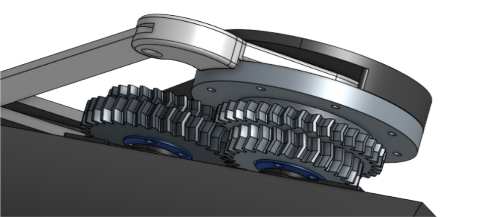 Close-up CAD render of the redesigned gear train, showing double-helical (herringbone) teeth meshing together instead of the earlier straight-cut gears.